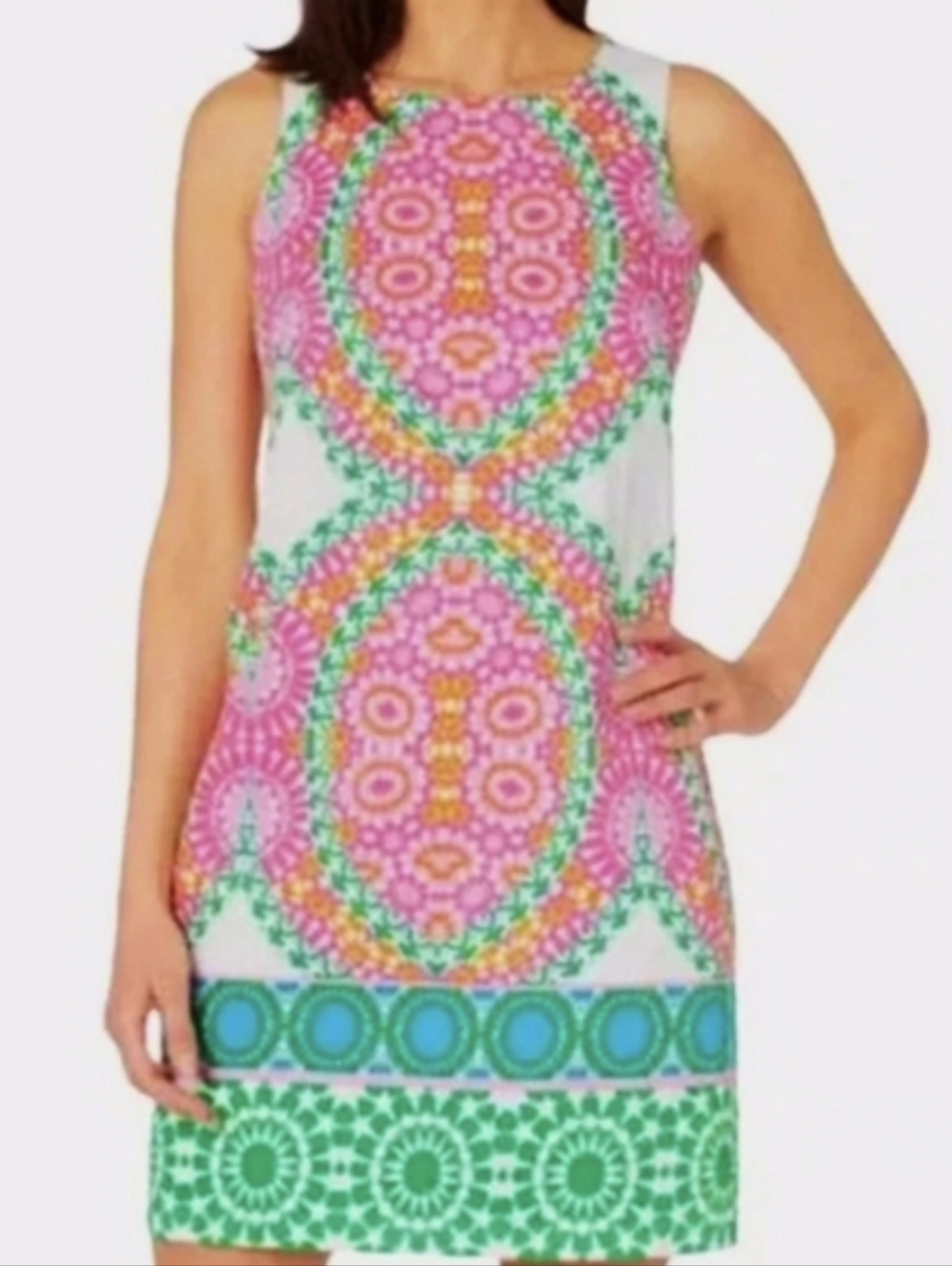London Times Mandalla Pink, Green, and White Shift Dress Size 12 - Picture 2 of 5